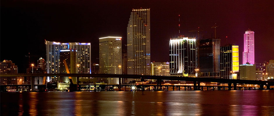 A view of Downtown Miami from a far at night